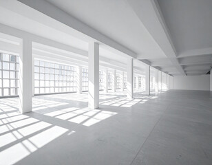 Bright and airy industrial loft space with large windows casting geometric shadows on the concrete floor
