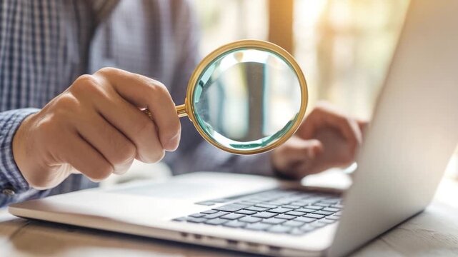 A person holding a magnifying glass examines the screen of a laptop, great for searching or investigating