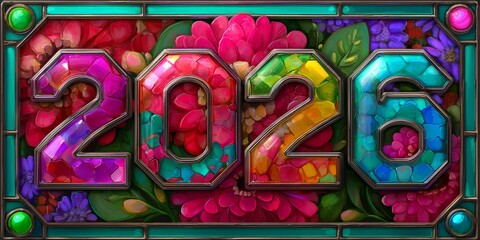 Colorful floral design announcing the arrival of the New Year 2026 with vibrant hues and intricate details