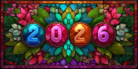 Colorful decoration celebrating New Year 2026 with vibrant leaves and bright numbers in a festive design