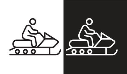 Minimalist Snowmobile Icon Line Art Person Riding Snow Vehicle on Black and White Backgrounds