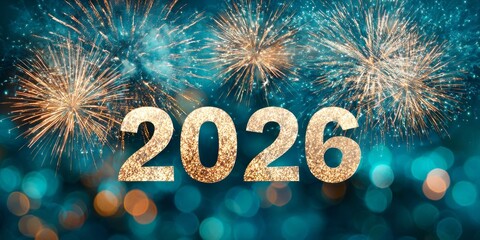 Celebrating the arrival of New Year 2026 with sparkling fireworks and bright bokeh background