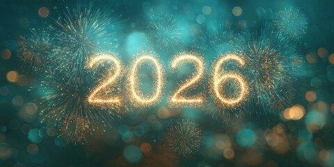 Celebrating the new year 2026 with sparkling fireworks and vibrant lights in the night sky