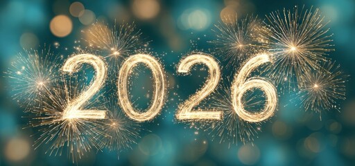 Celebrate the arrival of 2026 with vibrant fireworks lighting up the night sky in a joyful atmosphere