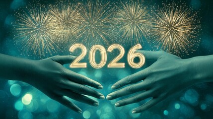 Exciting New Year 2026 celebration with hands reaching towards glowing fireworks and sparkling lights
