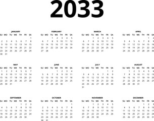 2033 Calendar template. Calendar 2033 - 12 months yearly calendar - planner calendar. Monthly calendar. Vector illustration for print, web, mobile app on transparent background