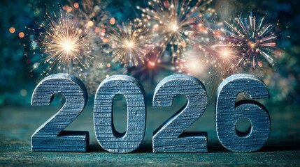 Celebrating the New Year 2026 with fireworks and festive decorations at midnight