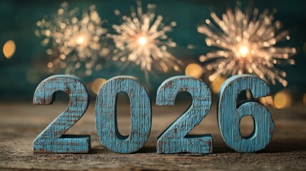 New Year celebration with wooden numbers 2026 and colorful fireworks in the background