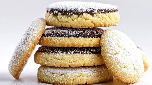 A visually appealing stack of freshly baked, round cookies is artfully arranged against a clean white background. Several cookies are presented as delightful sandwiches, generously filled with a rich,