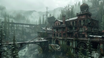 Fototapeta premium Abandoned mining complex in desolate mountain valley