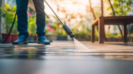 cleaning terrace with a power washer - high water pressure cleaner on wooden terrace surface - focus on the end of washer - shallow depth of field