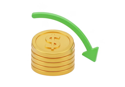Stack of gold coins with a downward trending green arrow isolated on transparent background
