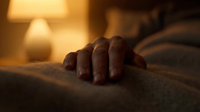 Hand Resting on Duvet in Bedroom at Night