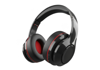 Black headphones with red accents isolated on transparent background