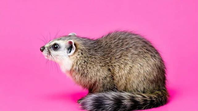 A furry cacomistle, also known as a ringtail, sits in profile against a vibrant solid pink studio background.