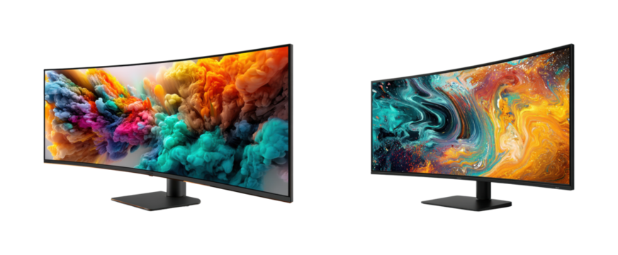 Vibrant curved monitors displaying home office technology, isolated on transparent background, png set