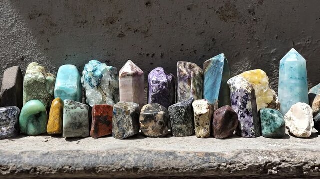 A visually rich collection of diverse natural crystals and gemstones is showcased, meticulously arranged on a rustic, textured stone surface. The assortment features various shapes, from smooth, polis