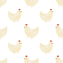 Cute seamless pattern with watercolor chickens without background. Simple hand-drawn hen background for Easter, nursery wallpaper, and kids' fabric.