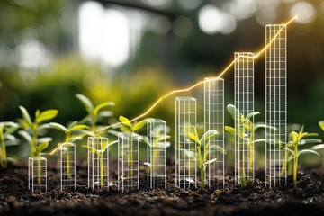 Business Growth Concept, young green plants emerging from soil integrated with wireframe bar chart, symbolizing organic growth, startup success, and positive financial trends for reports.