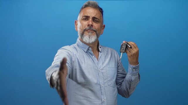Man smiling and holding car keys while extending his hand for a handshake in blue studio; trust sale friendly. - Powered by Adobe