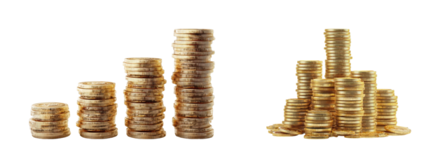 Investment growth stacked coins financial market, isolated on transparent background, png set
