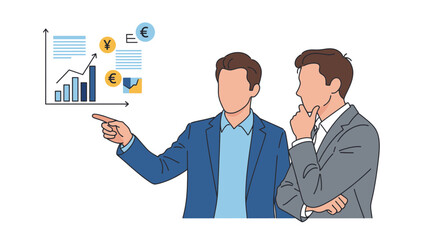 Business professionals discussing financial data analysis and market trends.