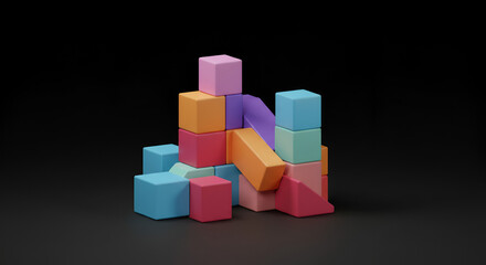 Obraz premium Abstract arrangement of colorful geometric shapes, blocks on a dark background