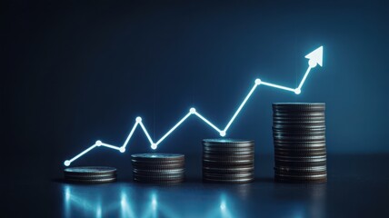 Stack of coins with glowing arrow graph showing business growth concept