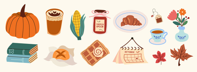 Autumn vector elements set. Cozy fall stickers. Leaves, pumpkin ,flowers, croissant, tea, drink, coffee, maple. The inscription hello fall. Isolated background. Illustration in the cartoon style.
