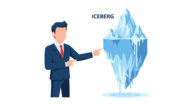 Businessman pointing at an iceberg representing the concept of hidden information and risk.