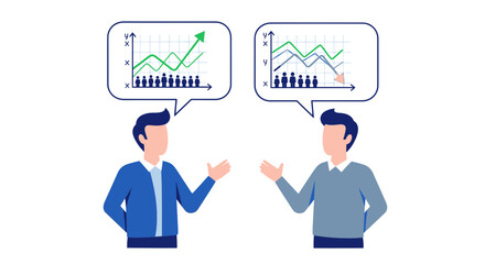 Two men discussing business charts and graphs sharing ideas and data analysis.