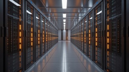 Server room interior with rows of rack cabinets and blinking lights