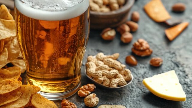 A glass of beer sits next to a bowl of snacks, including chips and nuts