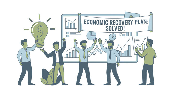 Economic recovery plan solved with business people and graphs.