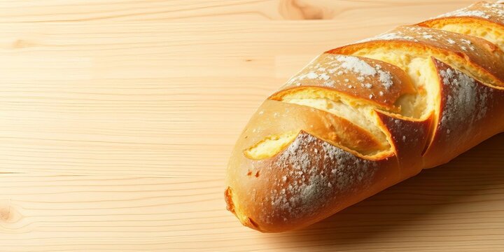 Golden-brown crusty French baguette on a light wood background,  detail,  high-resolution