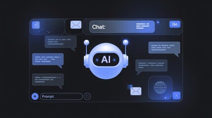 Fototapeta premium Ai chatbot interface with messages and robot head in a digital environment