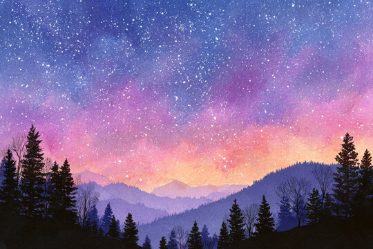Stunning watercolor landscape depicts starry night sky with vibrant hues of purple, pink, and orange over silhouetted mountains and trees, evoking sense of wonder and tranquility