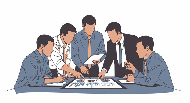 Business team meeting around a table discussing financial data and charts.