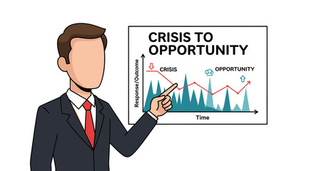 Business professional presenting a crisis to opportunity graph for strategic planning.