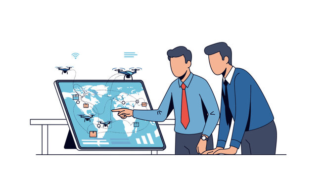 Two business people looking at a drone delivery map on a tablet.