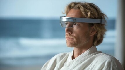 male adult performing guided breathing exercise with AR headset soft ocean sound immersive stress reduction digital wellness three quarter wide angle cinematic color correction - Powered by Adobe