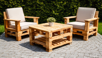 Recycled wooden pallet furniture set with two chairs and a table, handcrafted