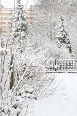 Heavy snowfall. Climate change. A snow-covered city, streets and a park.