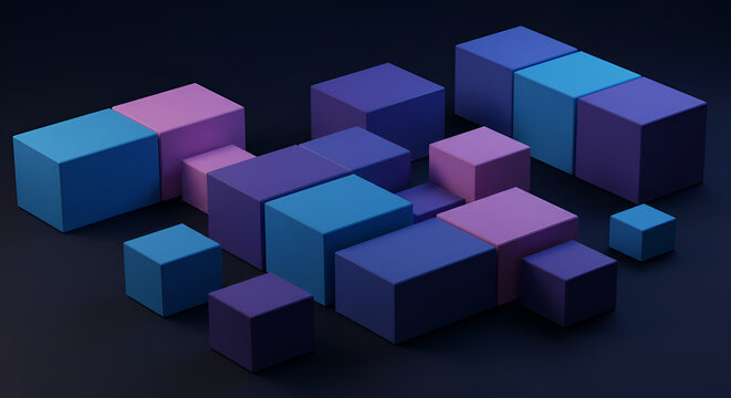 Abstract geometric arrangement of blue, purple, and pink cubes on a dark background