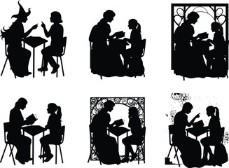 Child tutoring silhouette, teacher with student, education scene, reading session, learning moment, decorative frame, artistic background, classroom concept, seated figures