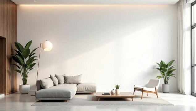 Maqueta de pared blanca en blanco en una sala de estar minimalista, muebles modernos e iluminaci&oacute;n suave, espacio de copia perfecto para exhibir obras de arte