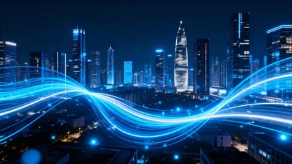 Fototapeta premium A futuristic cityscape illuminated by vibrant blue light trails, symbolizing advanced technology and connectivity in an urban environment.