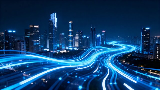 A futuristic cityscape illuminated by vibrant blue light trails, symbolizing advanced technology and connectivity.