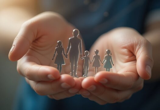 Manos sosteniendo frágiles siluetas familiares de vidrio, simbolizando vulnerabilidad, rehabilitación, atención de enfermería, protección del seguro médico, compromiso voluntario y empatía
