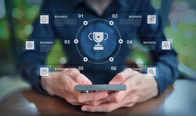Business Strategy Infographic with Trophy Icon and Circular Segments